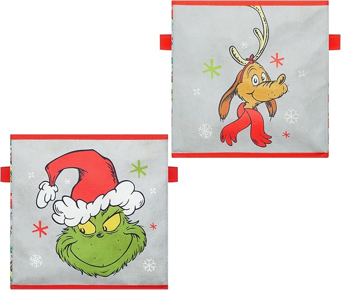 Idea Nuova Storage Cubes for Kids,2 Pack Collapsible Fabric Bins with Handles, Holiday Organizer Boxes for Bedroom, Playroom & Nursery, Festive Christmas Storage Baskets,Grinch Dr. Seuss