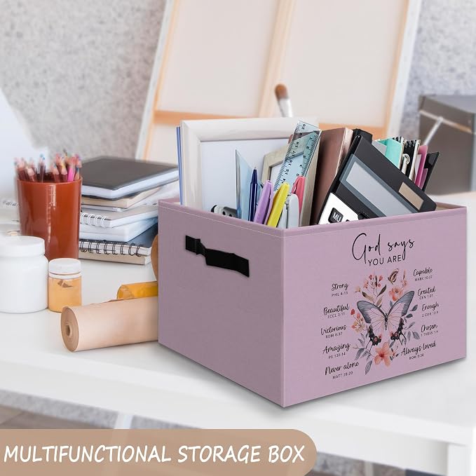 Purple Christian Foldable Basket Storage Bins Box with Handles, God Says You Are Bible Verse Butterfly Collapsible Organizer Basket for Girly Room Bedroom Bathroom Clothes Toys Books