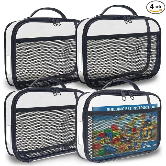 holay 4 Packs PVC Toy Storage Organizer with Zipper, Name Tag & Manual Pocket, Clear Durable Case for Blocks, Clay, Board Games, Travel (Black, Small)