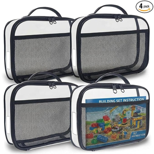 holay 4 Packs PVC Toy Storage Organizer with Zipper, Name Tag & Manual Pocket, Clear Durable Case for Blocks, Clay, Board Games, Travel (Black, Small)