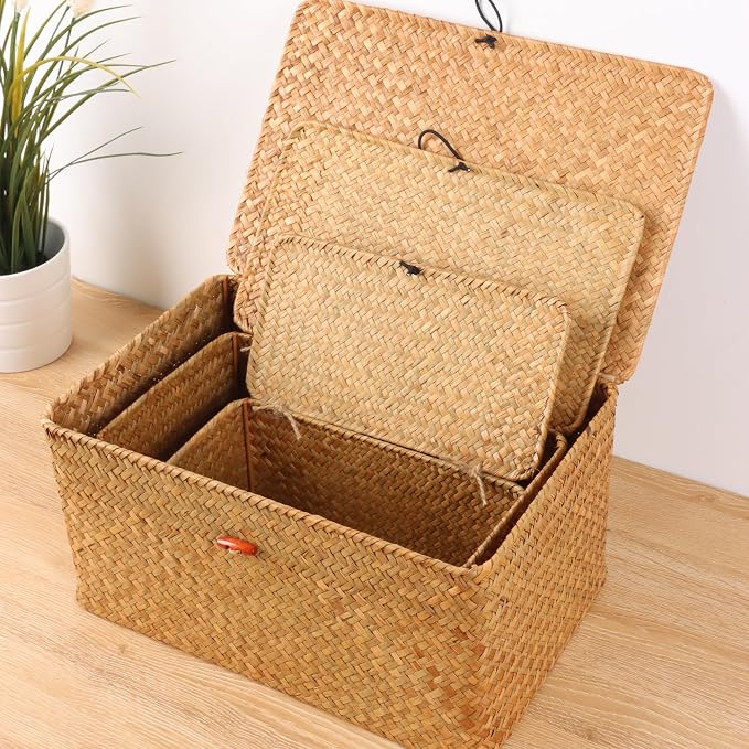 Moosky Wicker Shelf Baskets with Lid,Natural Seagrass Storage Basket Boxes Handwoven Rectangular Baskets Bins Multipurpose Home Organizer Decor (Large)