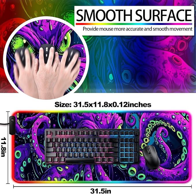 RGB Octopus Monster Gaming Desk Mat, Computer Keyboard Large Extended Cool Neon Animal LED Mouse Pad for Office and Home, 31.5×11.8 Inches, XL