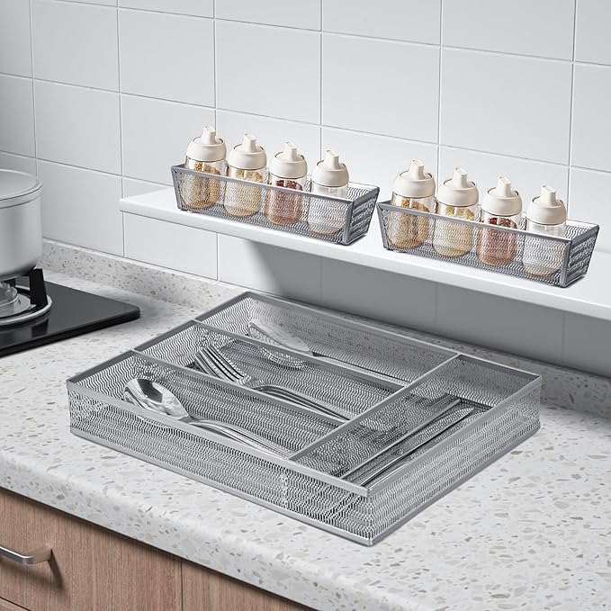 Neudeco Drawer Organizer Set, Silver, 5 Pack | 4-Compartment Silverware Tray, 4 Utensil Trays, Silver Mesh, Non-Slip, For Flatware, Cutlery, Office Supplies
