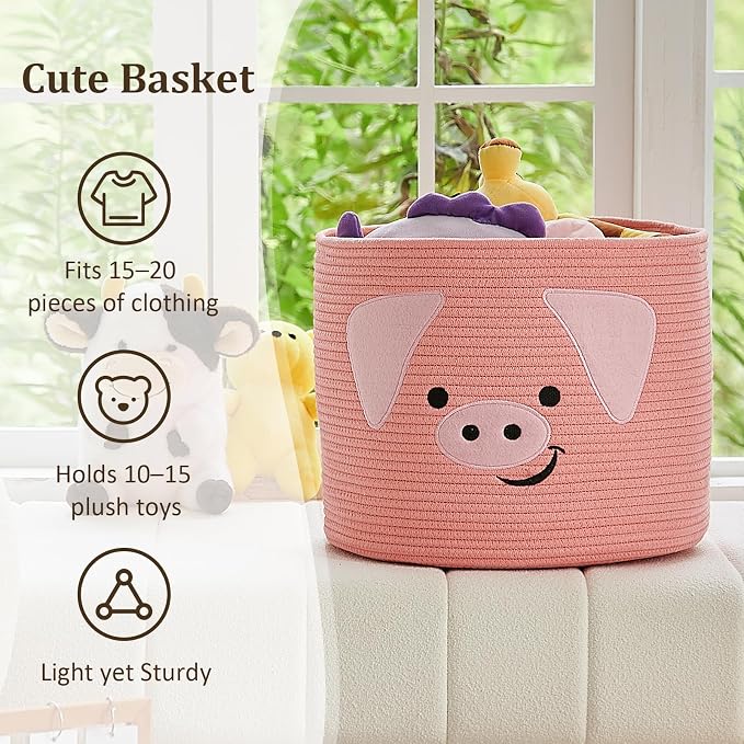 VK VK·LIVING Animal Baskets Large Woven Cotton Rope Storage with Cute Pig Design and Handles, Laundry Organizer for Towels, Blanket, Toys, Clothes, Gifts, Toy Box, Gift for Pet or Baby 15"D x 14"H