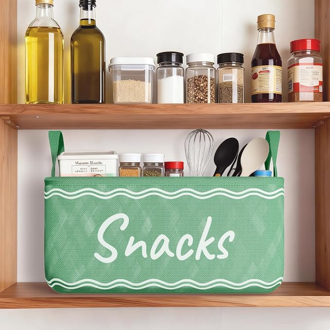 Snack Basket for Pantry & 5 Seal Clips - Snack Bin Organizer for Countertop - Imitation Linen Snack Storage Containers for Storing Chips, Pretzels, Cookies, Popcorn and more (1, Green)
