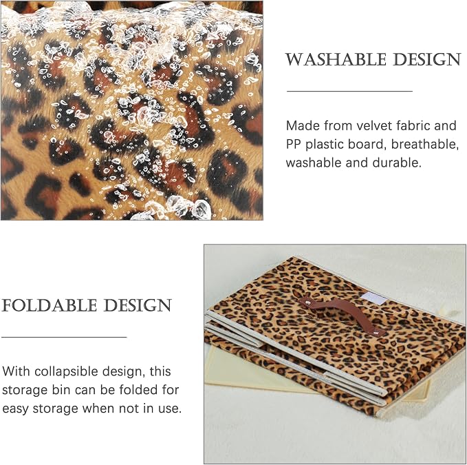 2PCS Storage Bin with Lid Leopard Print Cute Velvet Fabric Storage Basket Box Faux Leather Handles PP Plastic Board Foldable Washable Lidded Closet Shelf Organizer Container (Small Size)