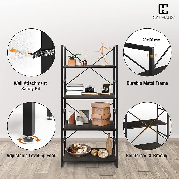 CAPHAUS 4 Tier Bookshelf, 24 Inch Width Free Standing Shelf, Bookcase Shelf Storage Organizer, Industrial Book Shelves for Home Office, Living Room, Kitchen, Black Vintage Shelves & Metal Frame