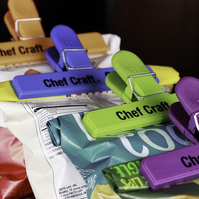 Chef Craft Vibrant Plastic 4 Piece Large Bag Clip Set, 4-Pack, Green/Blue/Orange/Purple