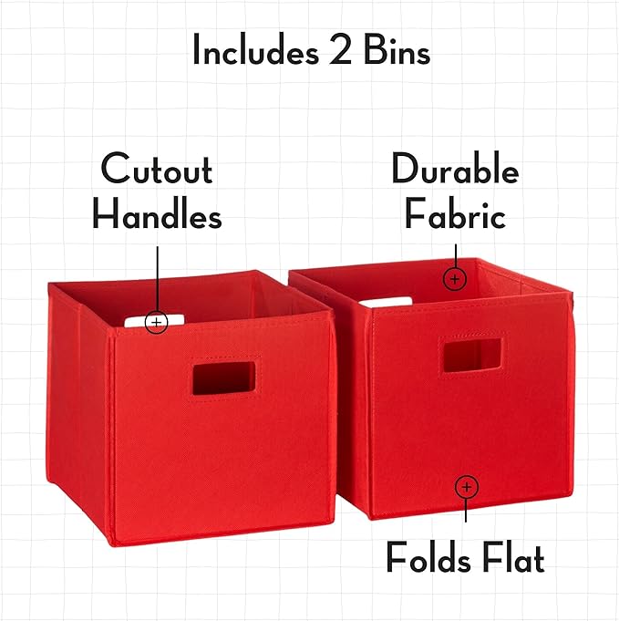 RiverRidge Folding Storage Bins - 2-pack of 10in Tall Red Cubes | Fabric Bins, Set of 2 Storage Cubes, Cut-out Handles, Playroom Closet Organizer, Collapsible Cubby with Bottom Board Insert