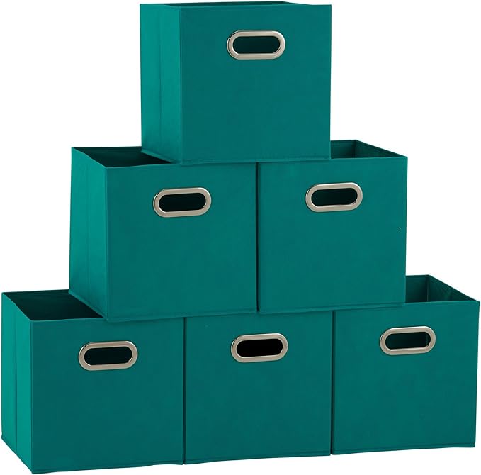 Household Essentials Fabric Storage Bins in Strong Poly‑Woven Fabric, Sturdy Chipboard Sides, Grommet Front Handle, Teal Green, Set of 6
