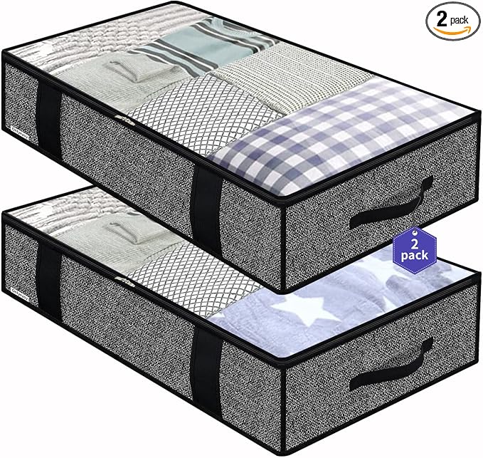 Onlyeasy Foldable Underbed Bags - 2 Pack Blankets Clothes Comforters Storage Bag Breathable Zippered Organizer for Bedroom with Clear Window and 4 Handles, 100 x50 x15cm, Linen-Like Black, MXAUBBP2