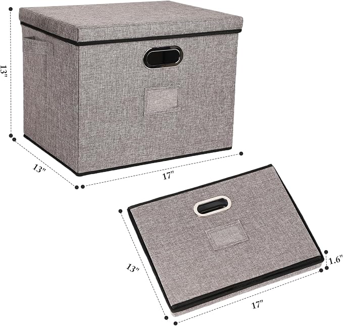 Lukeline Collapsible Storage Bins with Lids, 2-Pack Foldable Fabric Linen Storage Boxes Cube, Closet Organizer Storage Basket with Label for Home Bedroom Office(17 x 13 x 13, Gray)