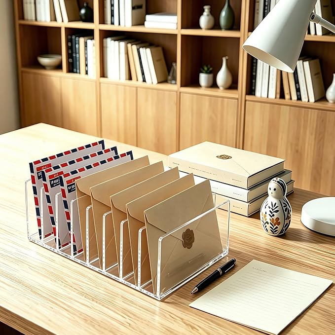 8 Compartments Clear Acrylic Mail Holder – Vertical Letter Sorter & Multifunction Desk Organizer for Bills, Documents, Notebooks – Modern Office/Home Envelope File Rack