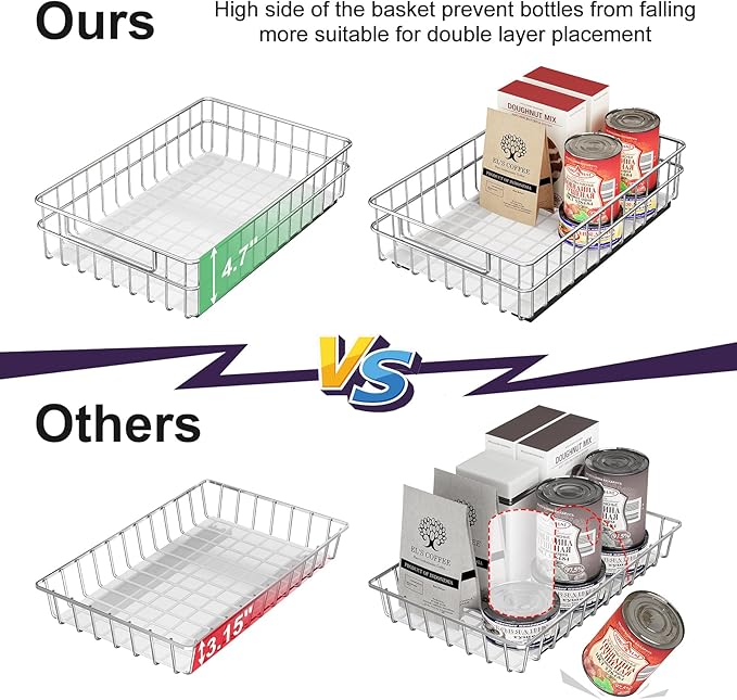 Pull out Cabinet Organizer, Stainless Steel 1-Pack (9.8"W x 16.5"D) Full-Extension Slide out Drawer, Adhesive Roll out Can Spice Storage Basket Shelf Rack for Pantry, Kitchen, Bathroom, Home Closet