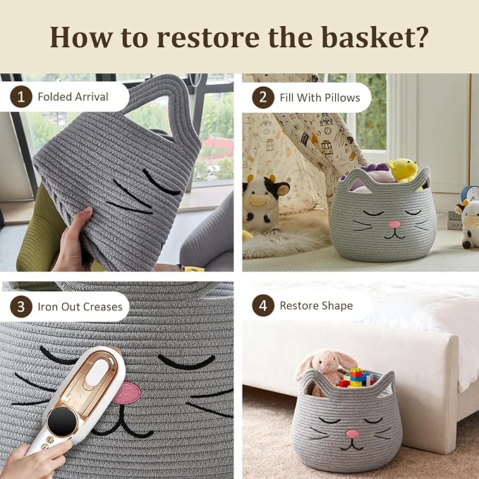 VK VK·LIVING Animal Baskets Large Woven Cotton Rope Storage with Cute Cat Design and Handles, Cat Toy Box Laundry Organizer for Towels, Blanket, Toys, Clothes, Gift for Pet or Baby Baskets 15"D x 14"H