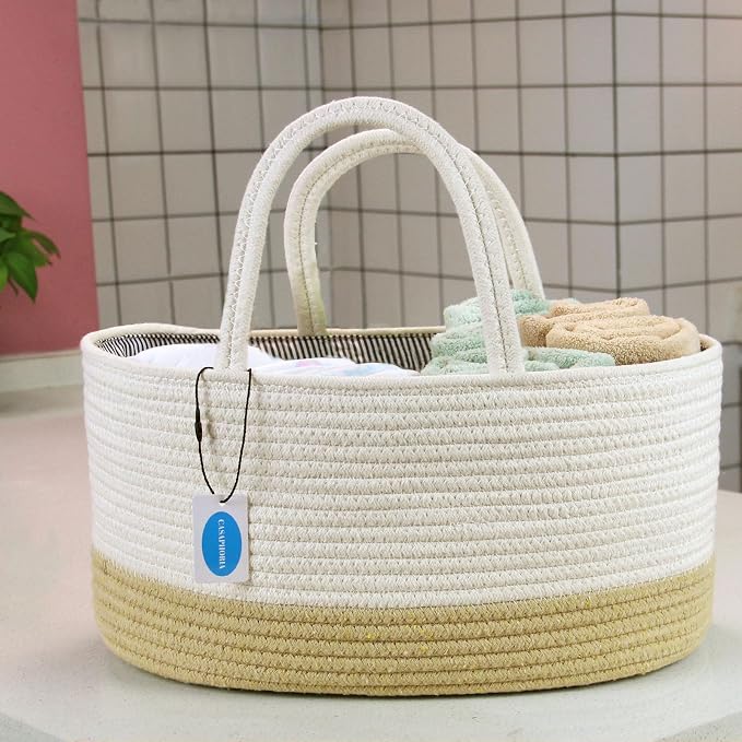 Casaphoria Caddy Organize Woven Cotton Rope Basket Caddy with Removable Inserts Towels, Portable Soft Baskets, White and Yellow