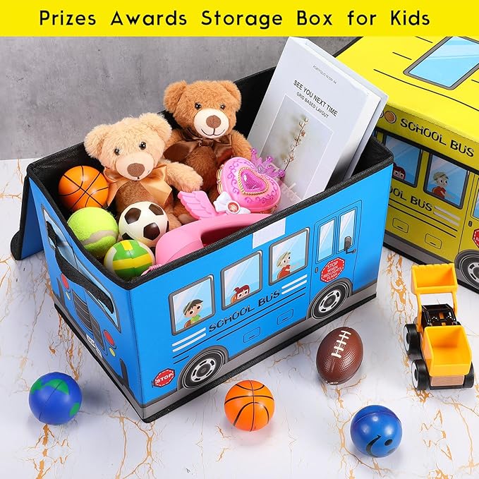 Sweetude 2 Pcs School Bus Treasure Box for Classroom, Foldable Chest Storage Toy Box Chest with Lid Treasure Storage Organizer Bin for Kids Teachers Toy Prizes Awards for Students(Yellow, Blue)
