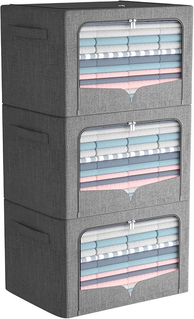 FHSQX 3 Pack Clothes Storage Bins with Metal Frame | Dark Gray, 19.7x15.7x13inch (66L) Foldable , Stackable, Linen Fabric, Carrying Handles, Clear Window