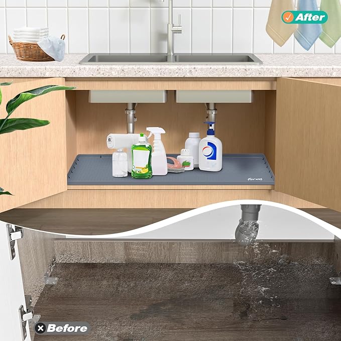 Waterproof Under Sink Mat 31" x 22", Silicone Cabinet Liner, Rubber Protector for Kitchen and Bathroom, Keeps Cabinets Clean, Dry, and Organized (Grey)