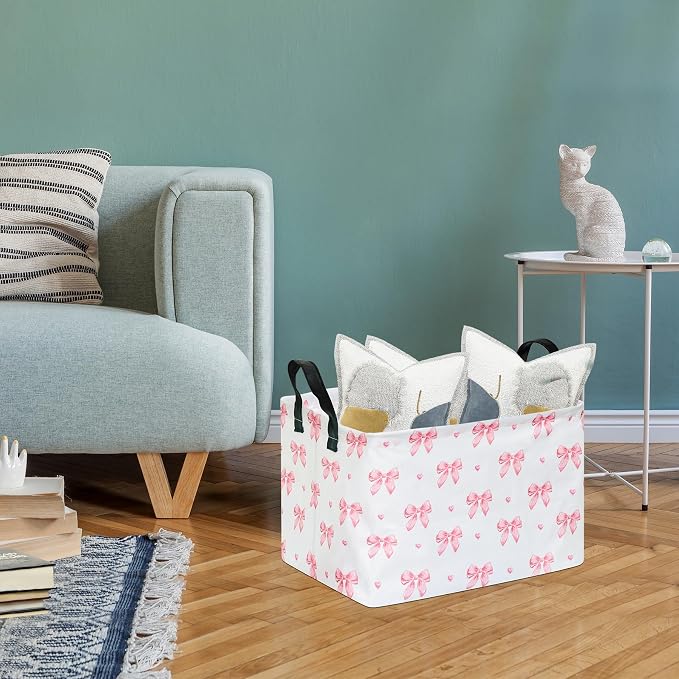 Pink Bow Canvas Storage Basket Waterproof Laundry Hamper with Leather Handles Collapsible Decorative Bin for Girls Bedroom Toys Clothes Gift Giving
