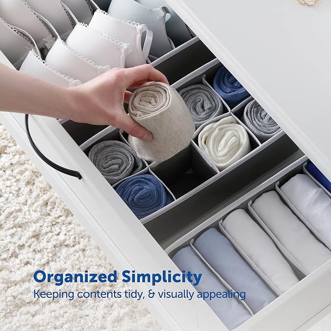 Dresser Organizer, [4 Pk] Grey Fabric Dresser Drawer Organizers (4 Sizes With 45 Slots) Foldable Underwear Drawer Organizer Breathable Bins for Bra, Lingerie, Socks, Scarves, Belt, Tie, Baby Clothes.