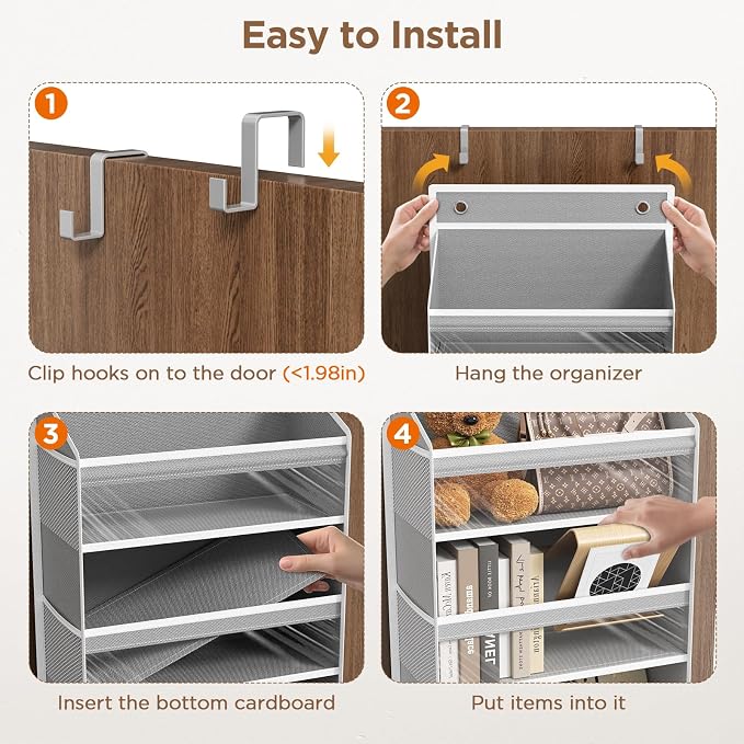 6 Tiers Over The Door Organizer, Heavy Duty Hanging Organizer Storage with Large Capacity Pockets, Behind Door Storage Hanging Shelves for Closet Wall Bathroom Bedroom Nursery Pantry, 1 Pack Grey