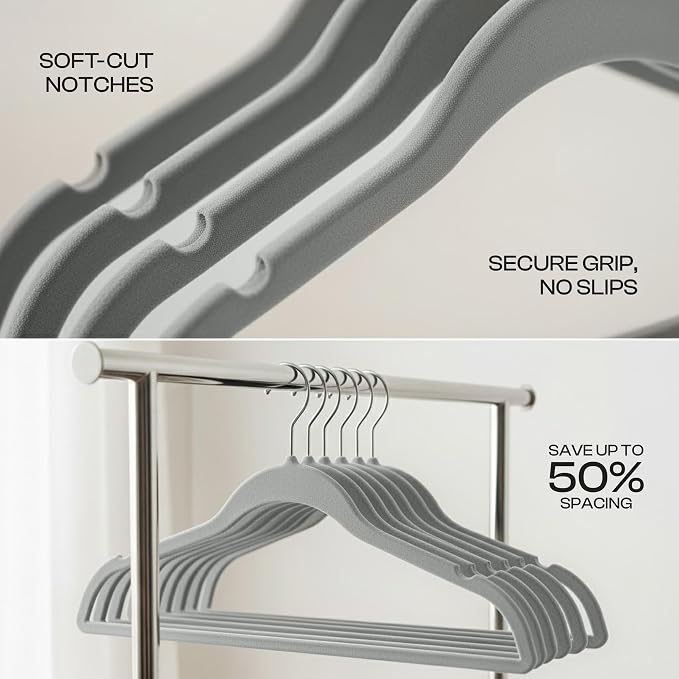Utopia Home Velvet Hangers, Grey, 50 Pack | Luxury Non-Slip Slim Pant & Coat Hangers, Strong Space-Saving Clothes Hangers with Pants Bar and 360° Swivel Hook