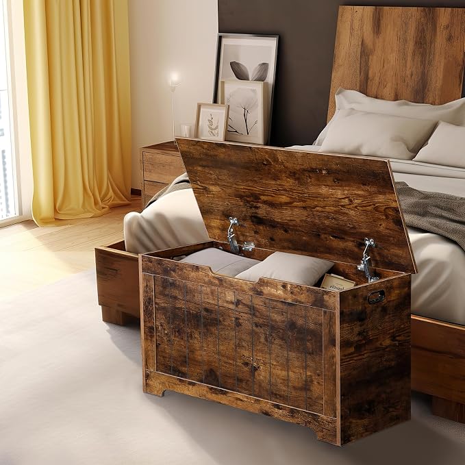 LEMY Storage Chest Bench, Wooden Trunk Box with 2 Safety Hinges, Modern Organizer Cabinet for Living Room, Bedroom, Entryway, Rustic Brown