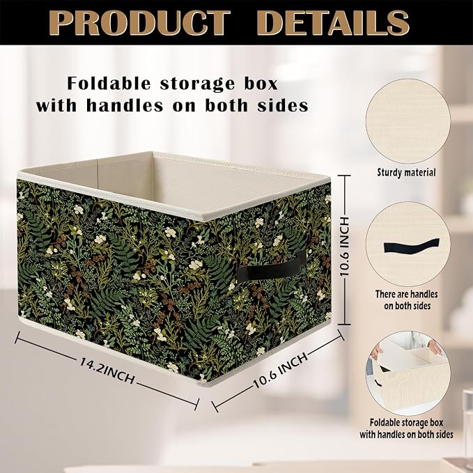 Dark Green Floral Botanical Storage Bin Box with Handles, Rustic Cottagecore Flower Fern Plant Foldable Organizer Basket Toybox for Home Bedroom Bathroom Clothes Toys Books