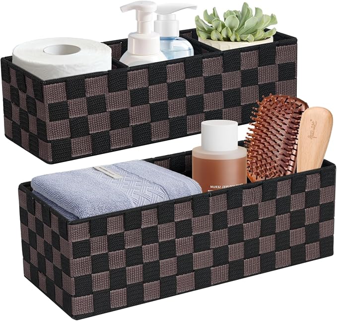 Woven Storage Baskets Bins Container for Organizing, 16” Checker Pattern Ribbon Metal Wire Desk Organizer, Drawer Dresser Baskets, Countertop Toilet Paper Storage (Black & Brown), 2-Pack