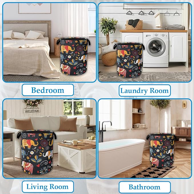 Boho Elephant Laundry Basket Collapsible Laundry Hamper Clothes Storage Bin for Bathroom Bedroom Room Decor 16" X 20.8"