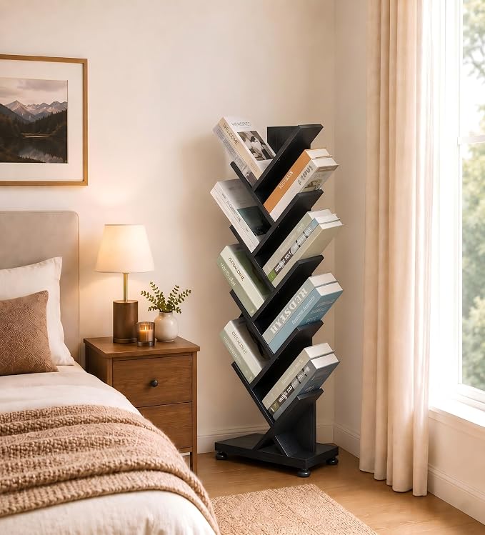 ruboka 9 Tier Tall Tree Bookshelf, Small Bookcase 11.8"*7.4"*38.4" (Black) | Retro Narrow Bookshelves for CDs/Magazines, Book Shelf for Bedroom, Living Room, Office, Balcony, Study Room