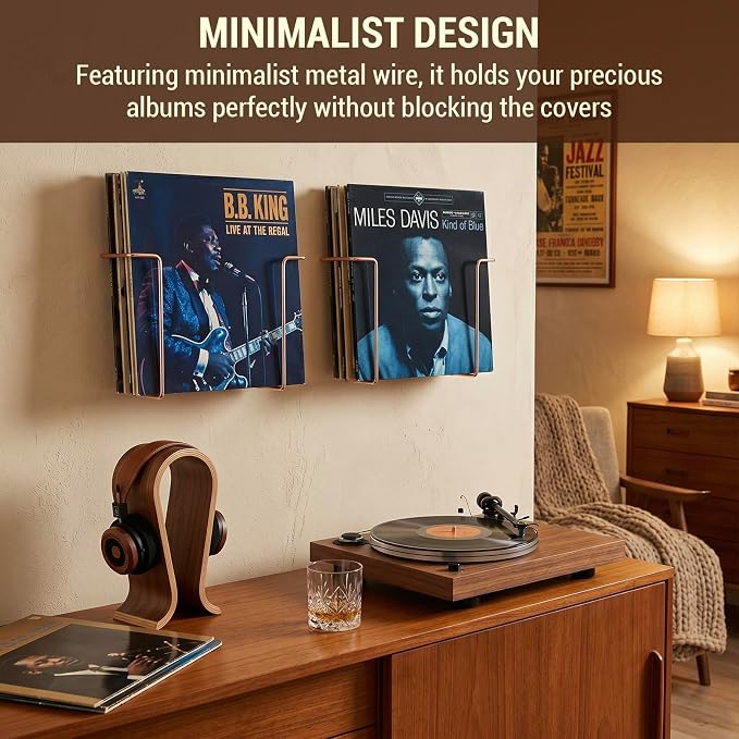 MyGift Modern Metal Wire Wall Mounted Vinyl Records Storage Racks, Hanging LP Record Holders, Floating Album Cover Display Shelves, Set of 2 (Modern Copper-2 Pcs)
