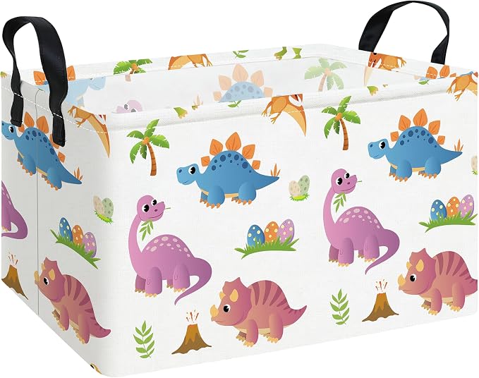 Rectangular Collapsible Cute Dinosaur Storage Basket Toy Organizer | Storage Bin Foldable Canvas with Handles for Organizing Home Kitchen Children Toys Office Closet Shelf Baskets