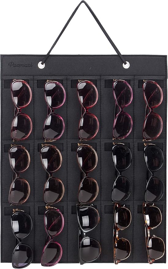 PACMAXI Sunglasses Storage Organizer, Wall Pocket Mounted by Sunglasses, Hanging Eyeglasses Storage Holder, Eyewear Display. (Black, 15 Slot)