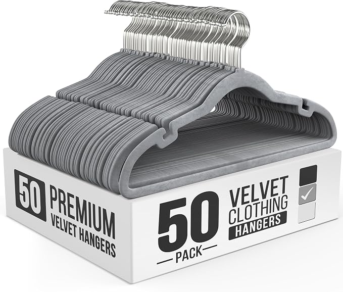 Our Modern Space 50 Pack Velvet Hanger for Shirt Pants Dresses Skirts Suits Jackets - Slim Space Saving Design - Standard Coat Hanger - Sturdy & Durable Design with Shoulder Grooves Hook