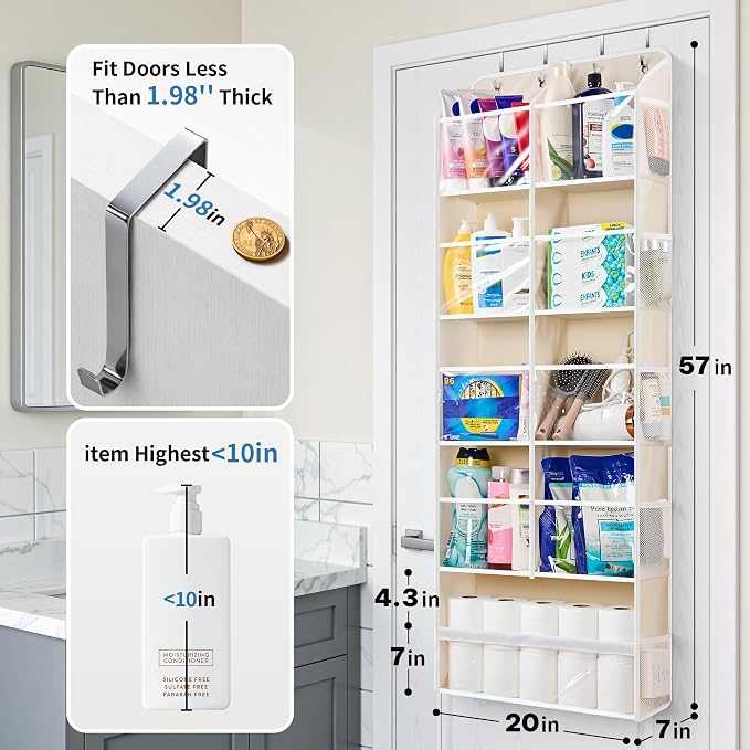 JARLINK Over the Door Organizer Storage, 5-Tier Extra Large Hanging Storage with 10 Mesh Pockets, 100 lbs Capacity Behind Door Storage for Bedroom, Bathroom, Pantry, Nursery, (Beige)