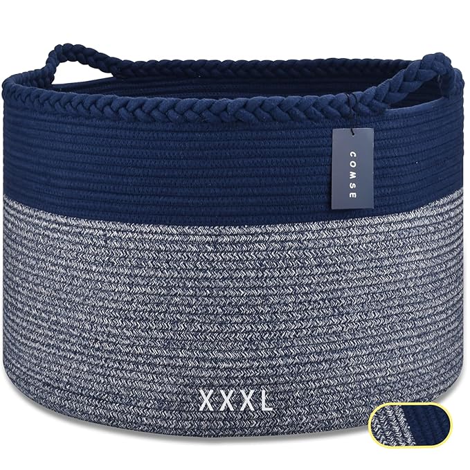 COMSE Extra Large Blanket Basket, Woven Laundry Basket, 21.7”x 13.8”, Nursery Hamper, Cotton Rope Laundry Hamper Living Room for Storage Toys Clothes Towels (Navy Blue)