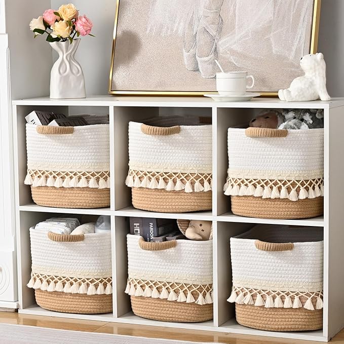 6 Pack Storage Basket for Shelves, Boho Cotton Rope Storage Bins with Heavy Tassel, Shelf Baskets Large Woven Baskets for Organizing, Cube Organizer Bins, Baby Laundry Basket for Clothes, Toys, Pets