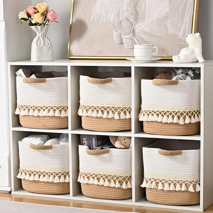 3 Pack Storage Basket for Shelves, Boho Cotton Rope Storage Bins with Heavy Tassel, Shelf Baskets Large Woven Baskets for Organizing, Cube Organizer Bins, Baby Laundry Basket for Clothes, Toys, Pets