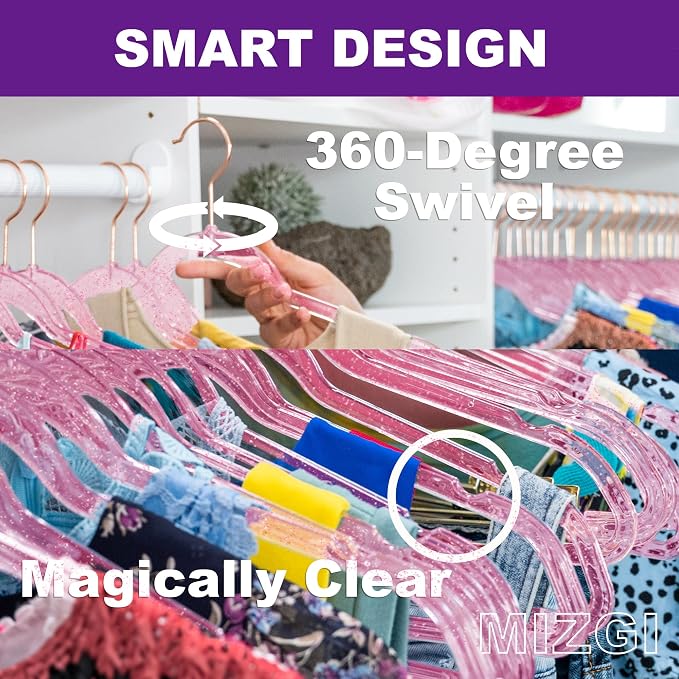 MIZGI Slim Rose Gold Glitter Pants & Skirt Hangers (20 Pack) - Adjustable Rose Gold Clips & Hooks, Pink Transparent Non-Felt, Space-Saving for Dresses, Shirts, Blouses