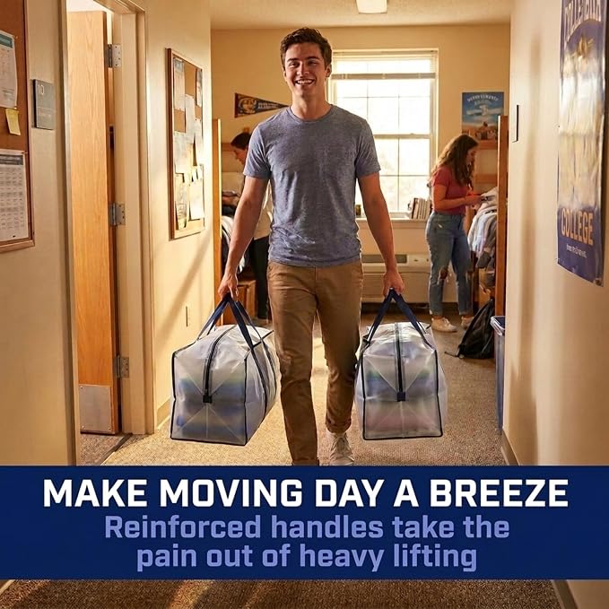 BOX USA 4-Pack Moving Bags with Strong Handles & Zippers - Heavy Duty Extra Large Packing Bags for Storage, Moving Boxes, Dorm & College Supplies, Clear