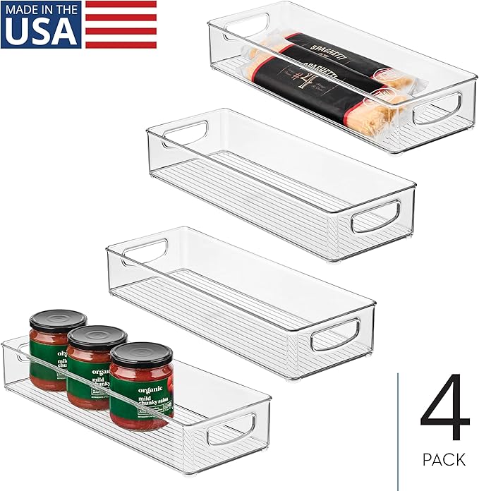 iDesign Slim Extra Long Clear Storage Bin, 4-Pack | Narrow, Stackable, Kitchen or Pantry Organizer
