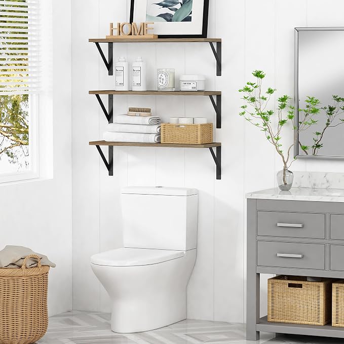 Forbena Wood Floating Shelves for Wall 24 inches Long, Large Bathroom Hanging Shelves Set of 3, Wall Mounted Storage Shelf for Bathroom Bedroom Living Room Kitchen Closet (Natural Wood)