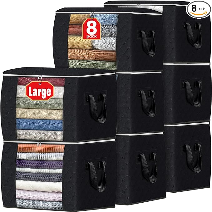 Fab totes 24 Gallons Clothes Storage, Foldable Thick Fabric Blanket Storage Bags, Containers for Organizing Bedroom, Closet, Clothing, Comforter, Organization with Handle (8 Pack,Black)
