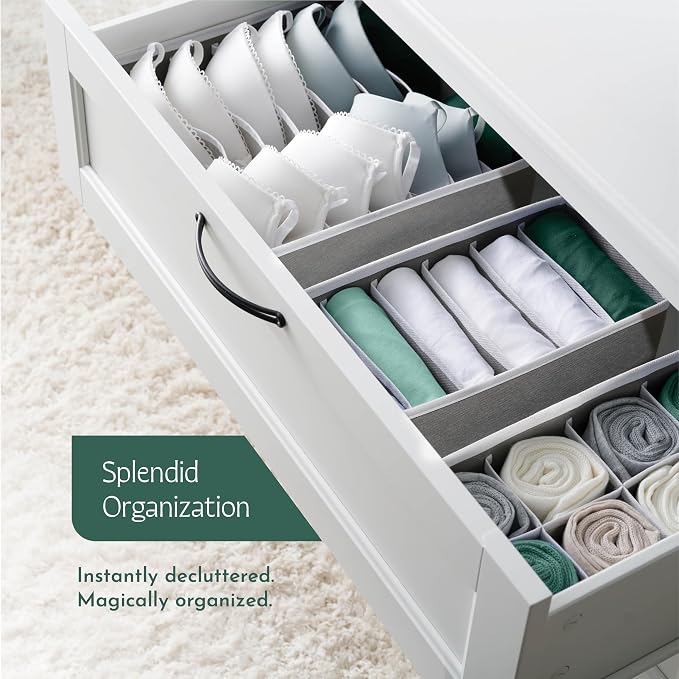 Dresser Organizer, [4 Pk] Grey Fabric Dresser Drawer Organizers (4 Sizes With 45 Slots) Foldable Underwear Drawer Organizer Breathable Bins for Bra, Lingerie, Socks, Scarves, Belt, Tie, Baby Clothes.