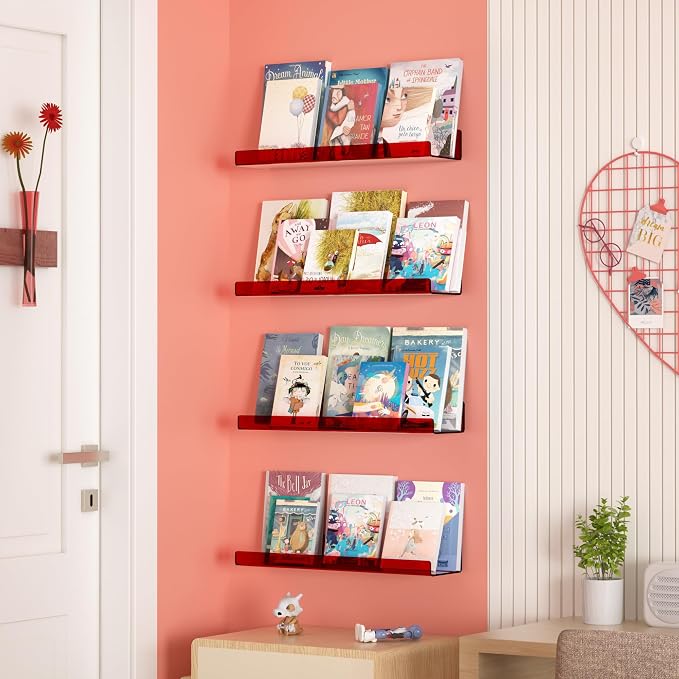 upsimples 4 Pcs 15" Acrylic Shelves for Wall Decor and Display, Red | Cute Floating Shelf for Perfume, Skincare, Nail Polish, Wall Organizer for Bedroom, Living Room, Playroom, Room Décor
