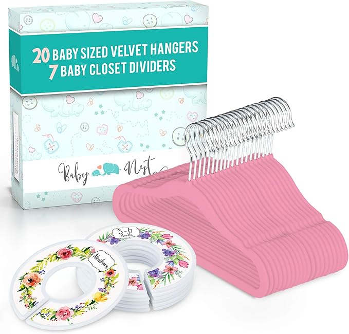 20 Baby Hangers with 7 Closet Dividers for Nursery Velvet Clothes Hangers Unisex Newborn Essentials Baby Size Organizer for Infant Clothing to 24 Months