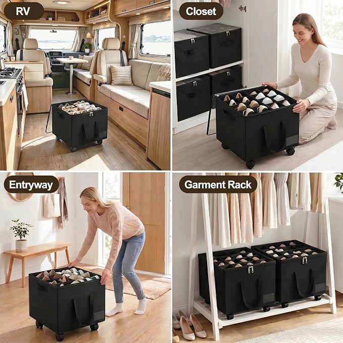Large Shoe Organizer for Closet, 16 Pairs Shoe Storage Box with 360° Wheels & Reinforced Handles, Adjustable Dividers, Clear Cover, Side Pocket, Foldable Oxford Fabric Bin for Entryway, Black