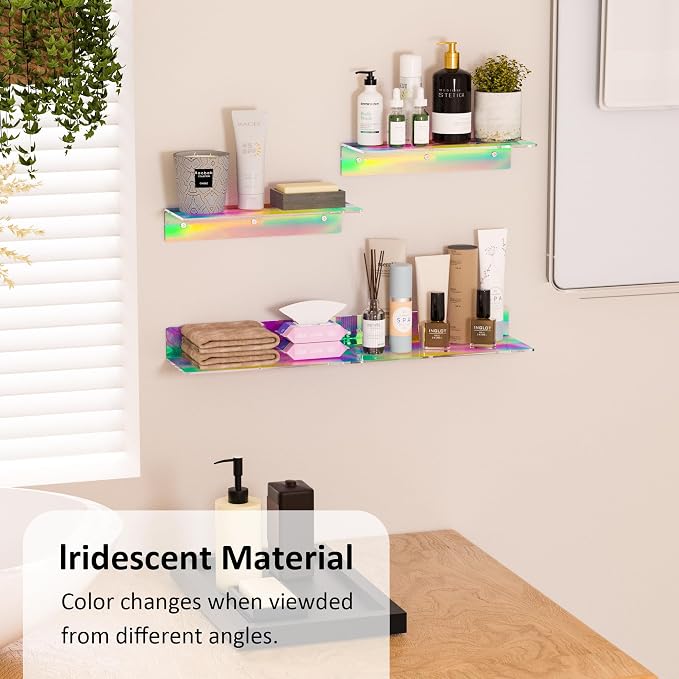 Sezanrpt 15 Inches Iridescent Acrylic Shelves, Wall Mounted Shelves for Bedroom, Wall Display Shelves for Collectibles, Funko Pop, Speaker, Plants, Space Saver, Wide Application, 4 Pack